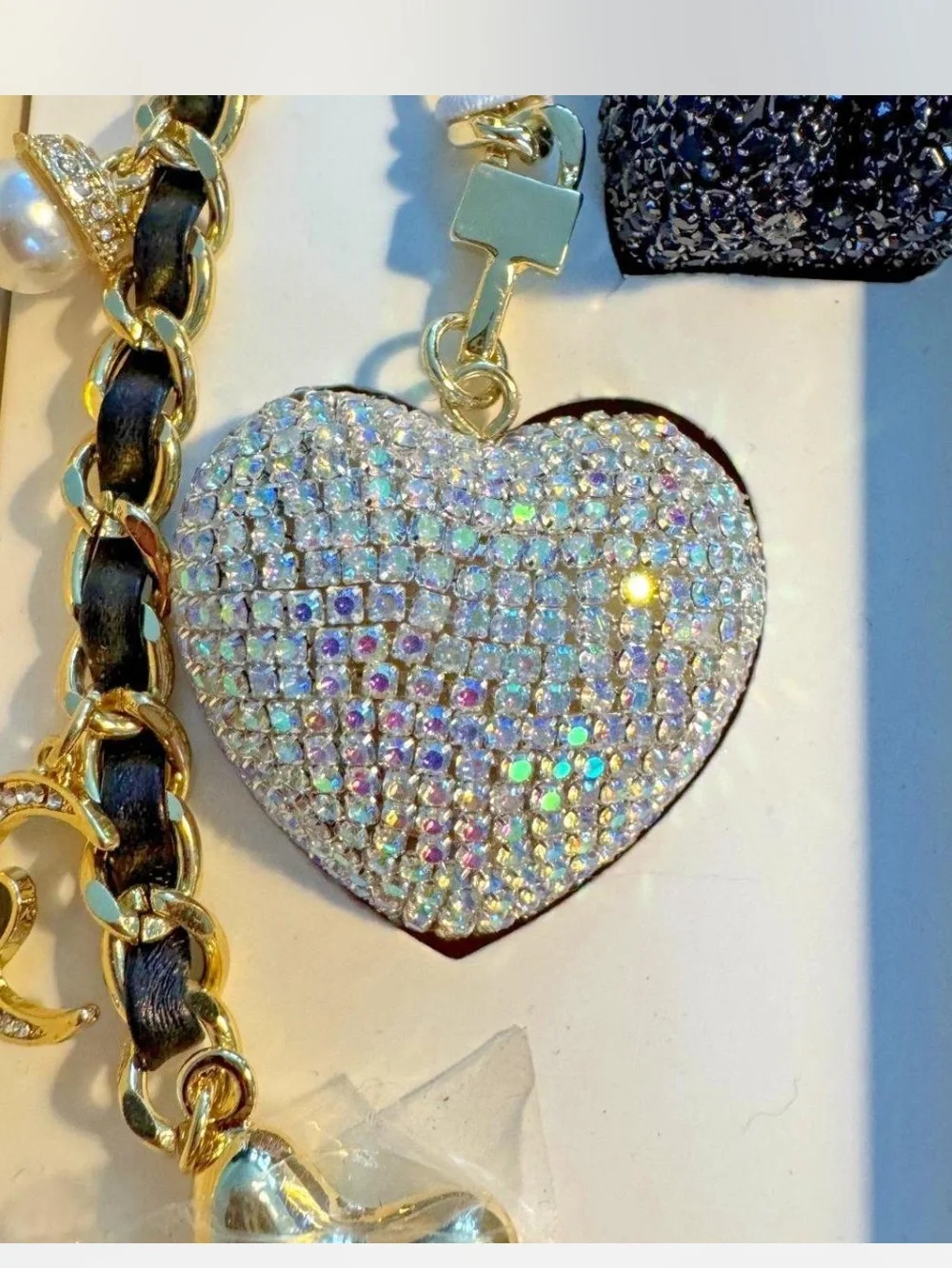 Eye Candy LA Gold Rhinestone Bear & AB Heart Handbag Charm New